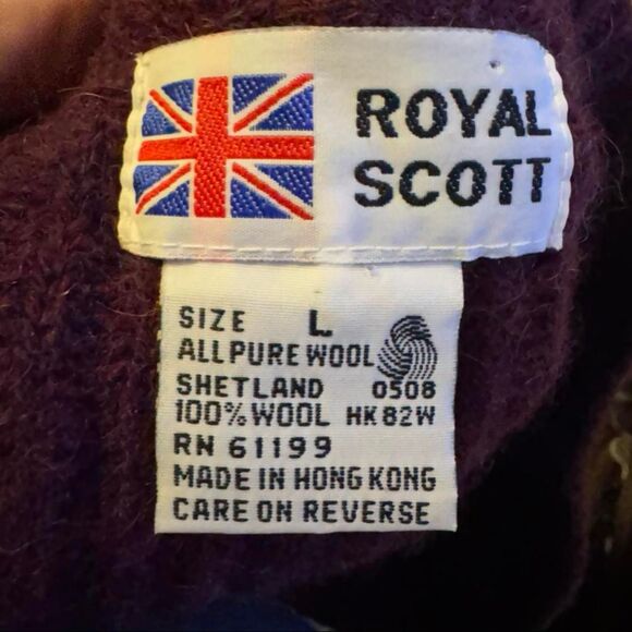 Royal Scott Shetland Wool Cardigan L Burgundy Elbow Patches Made in Hong Kong - Picture 4 of 6